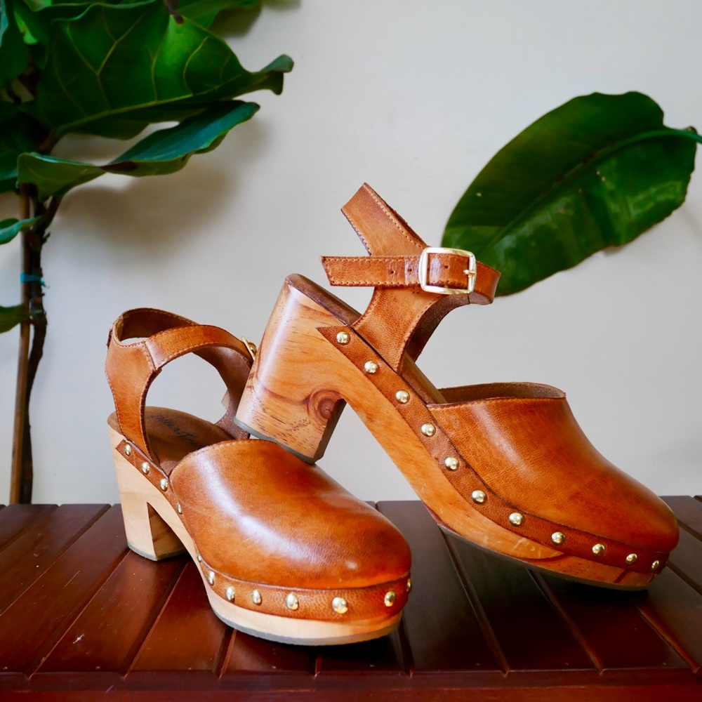 Cognac Leather Heeled Platform Clogs